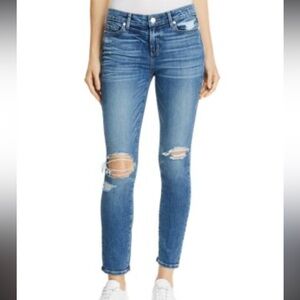 PAIGE Blue Skinny Jeans with Vintage Wash and Gold Stitching